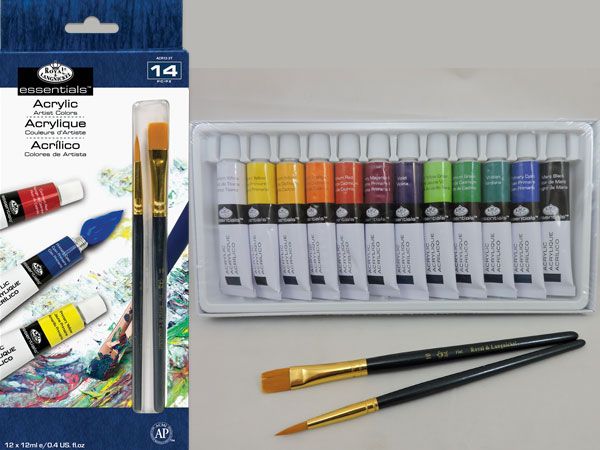Royal and Langnickel  - 12 Colour Acrylic 12ml Artist Paints + 2 Paint Brush Set